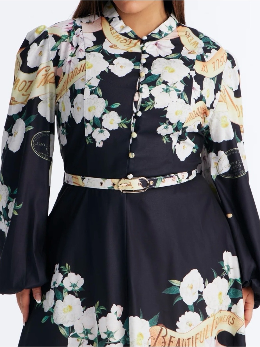 NWot Halfheart Elegant Black Floral Midi Dress with Belt